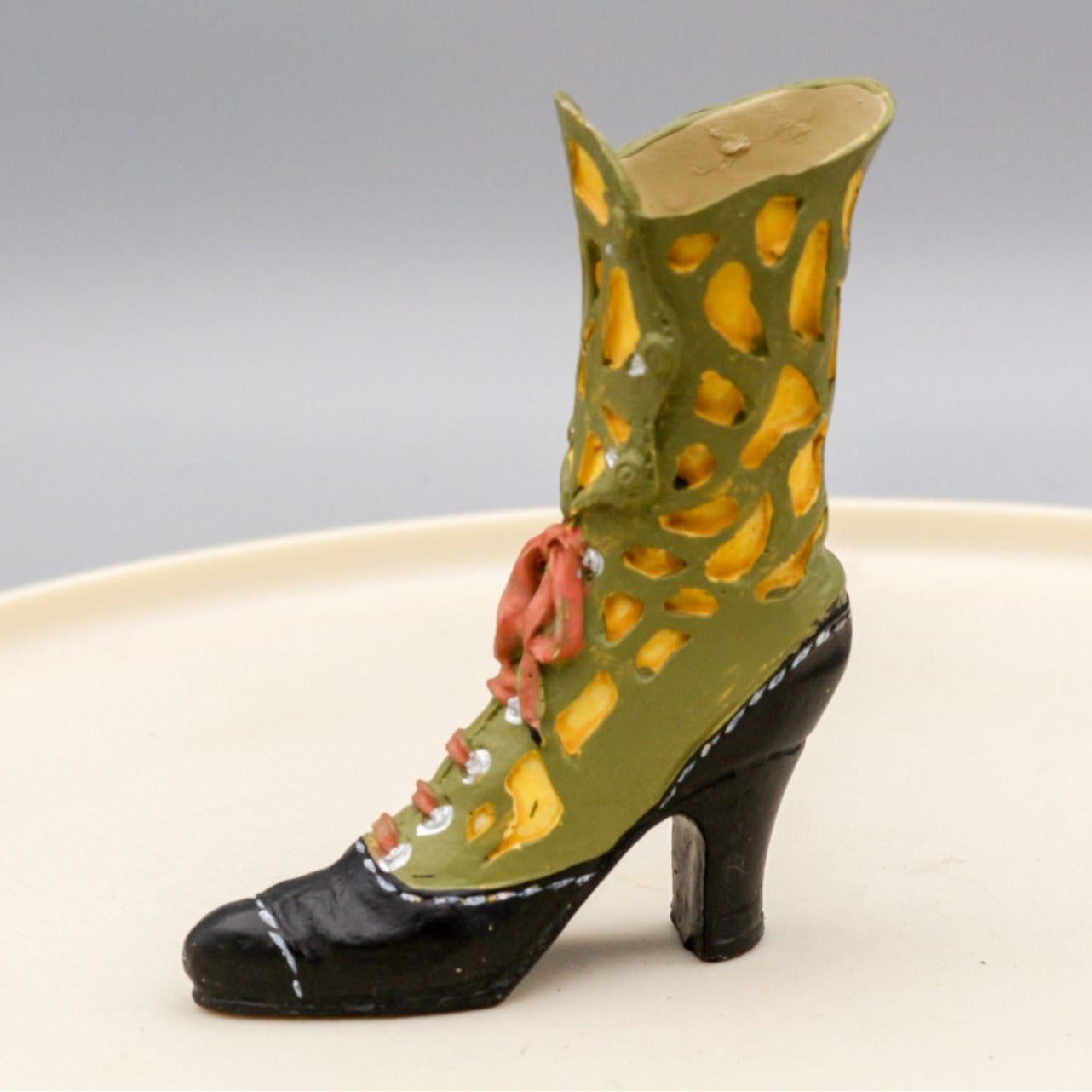 Miniature Shoe Figurine Green and Black Boot Resin Replica