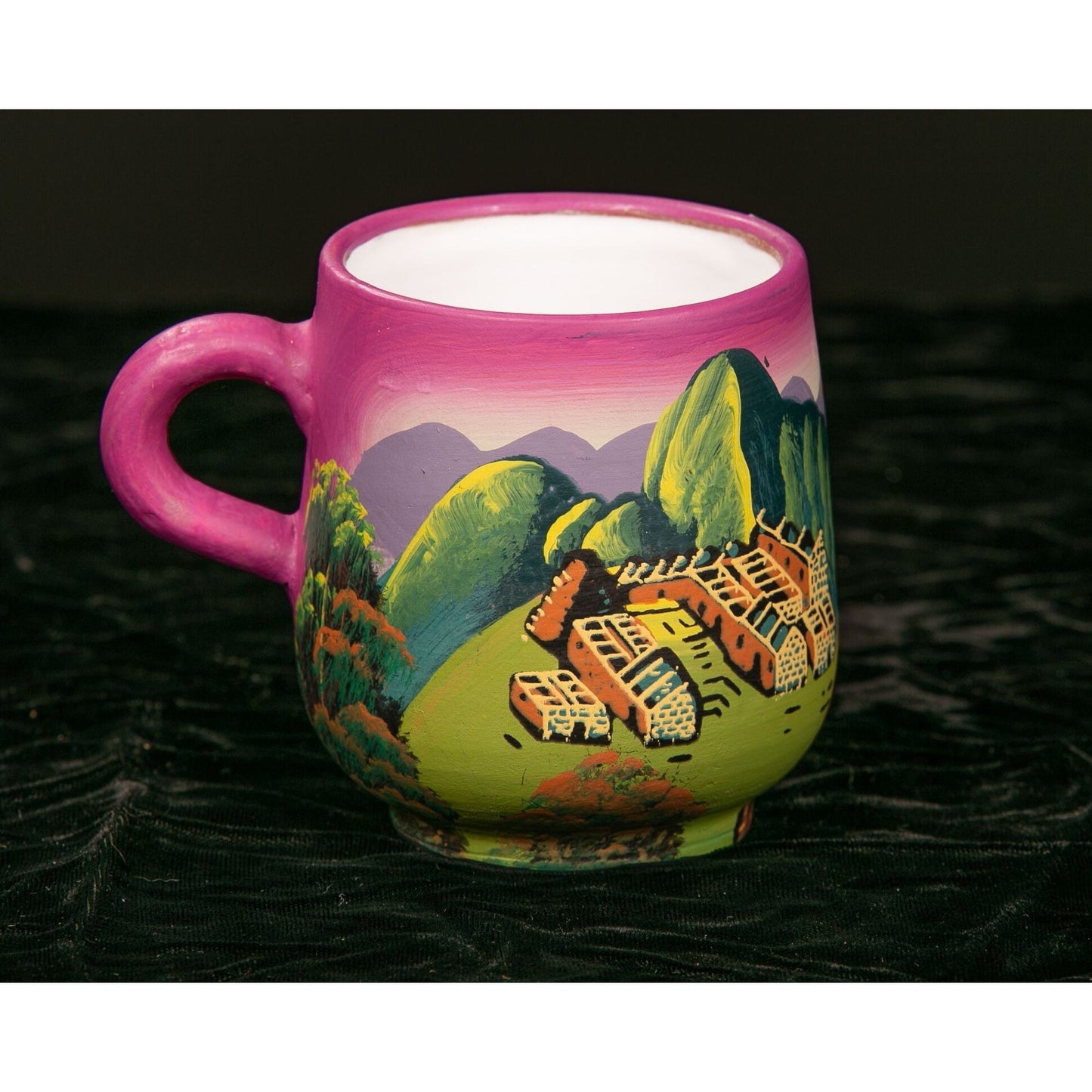 Hand Painted South American Mug Art Pottery Mountain Desert Traveller Scene