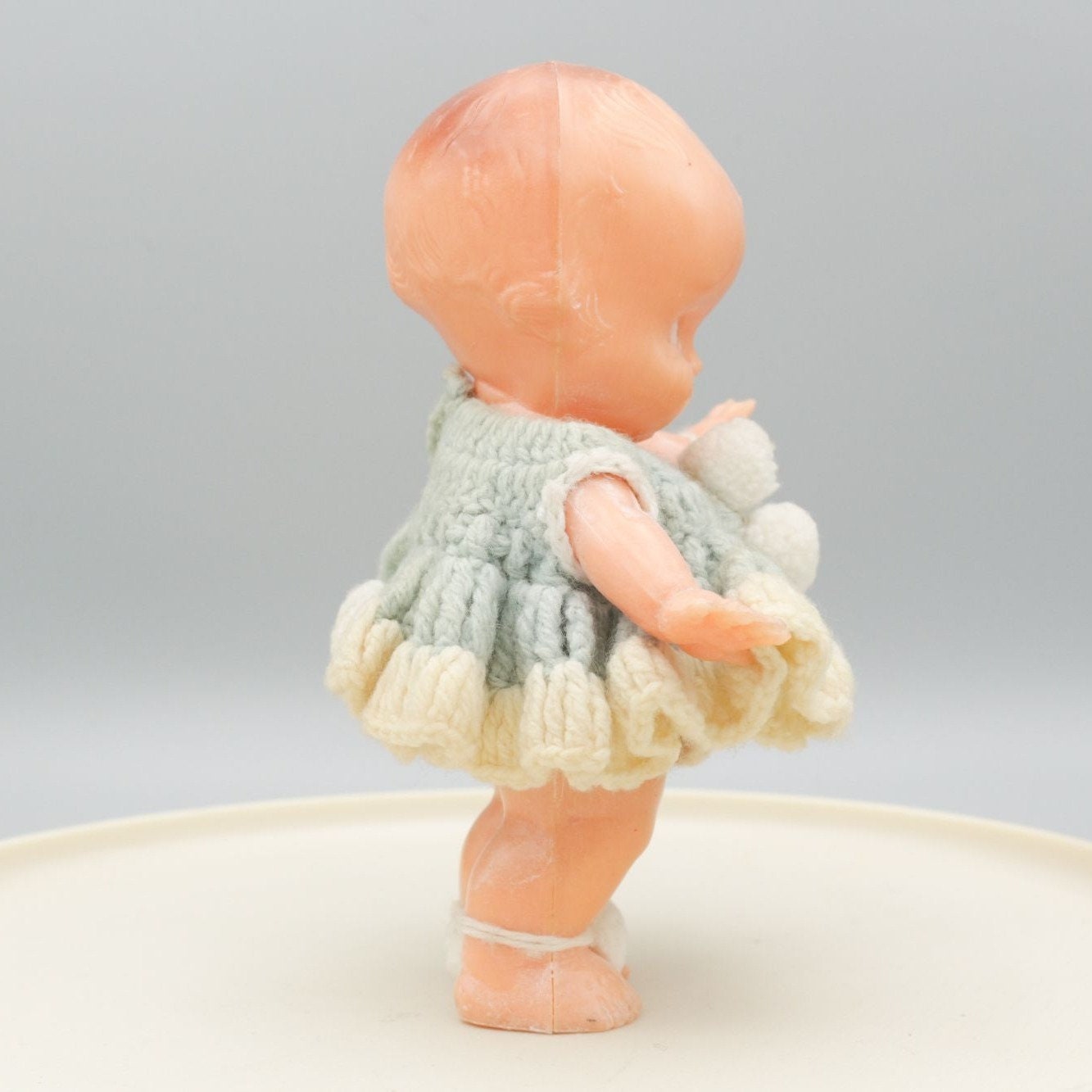 Vintage Kewpie Doll Baby Powder Dispenser Blue Knit Dress