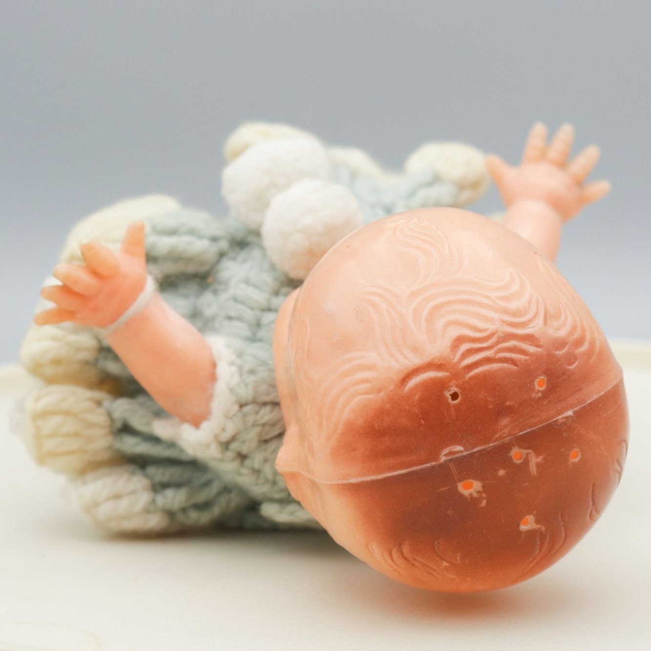 Vintage Kewpie Doll Baby Powder Dispenser Blue Knit Dress