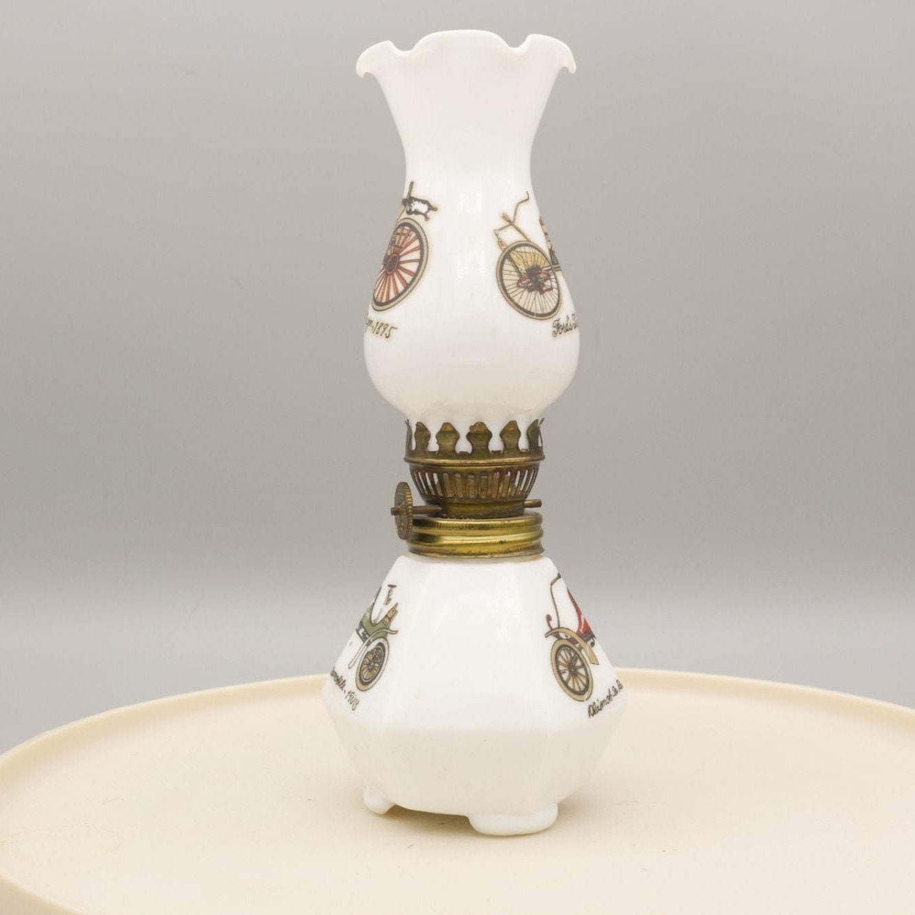 Vintage Milk Glass Oil Lamp Small 7.5" With Vehicle Motifs AS IS