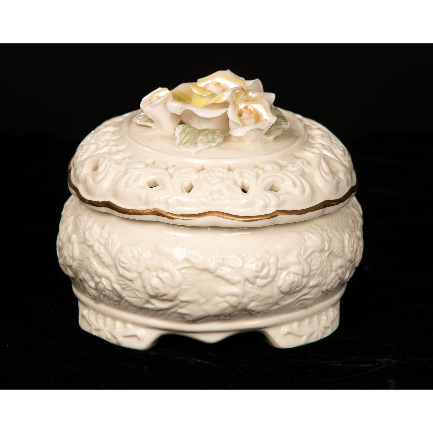 Vintage Floral Ceramic Trinket Box With Lid Applied Flowers AS IS