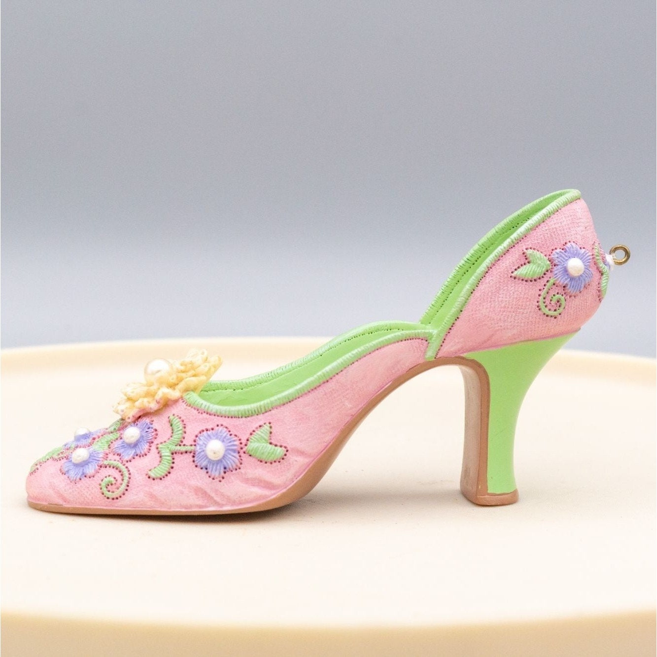 Miniature Resin Shoe Figurine Pink Floral Pearl Ornament