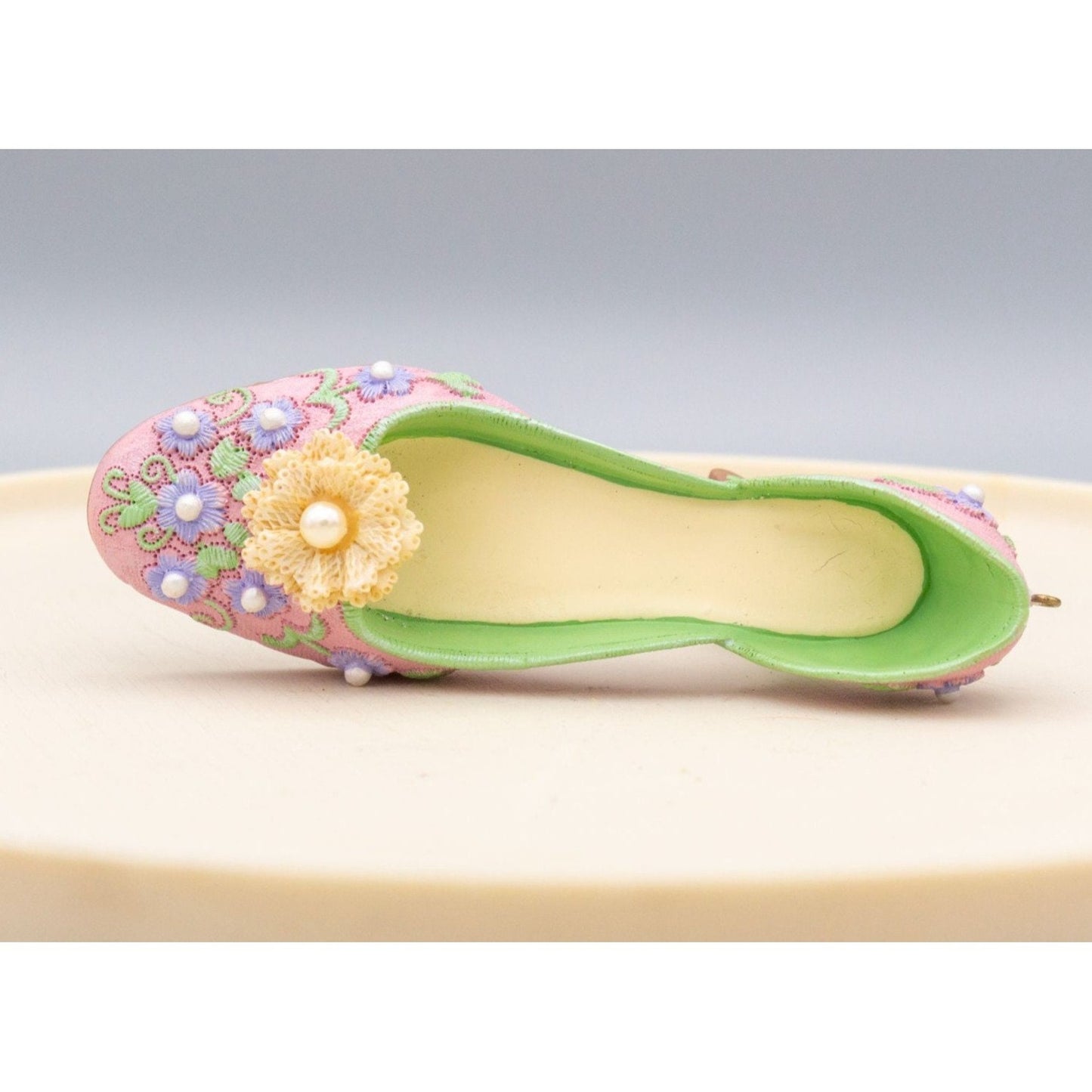 Miniature Resin Shoe Figurine Pink Floral Pearl Ornament