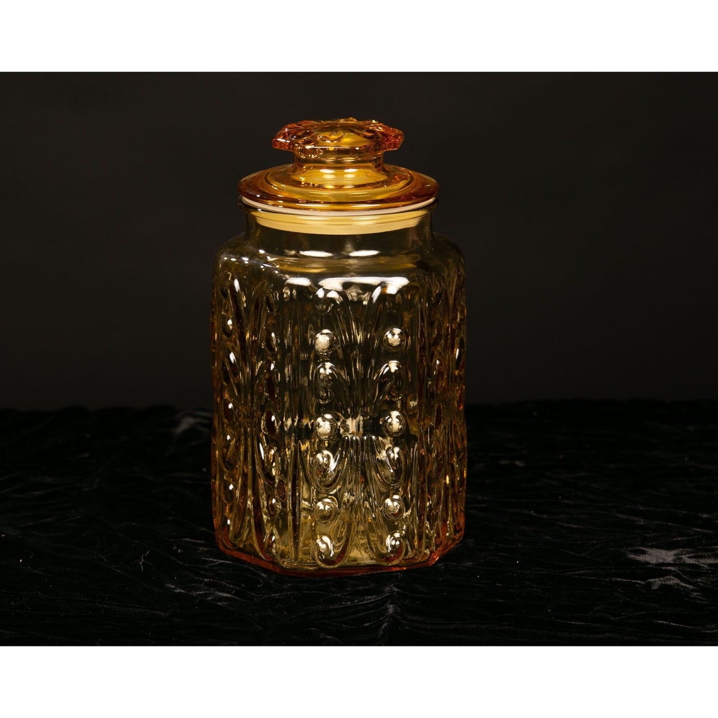 Vintage LE Smith Amber Glass Canister Imperial Atterbury Scroll Motif