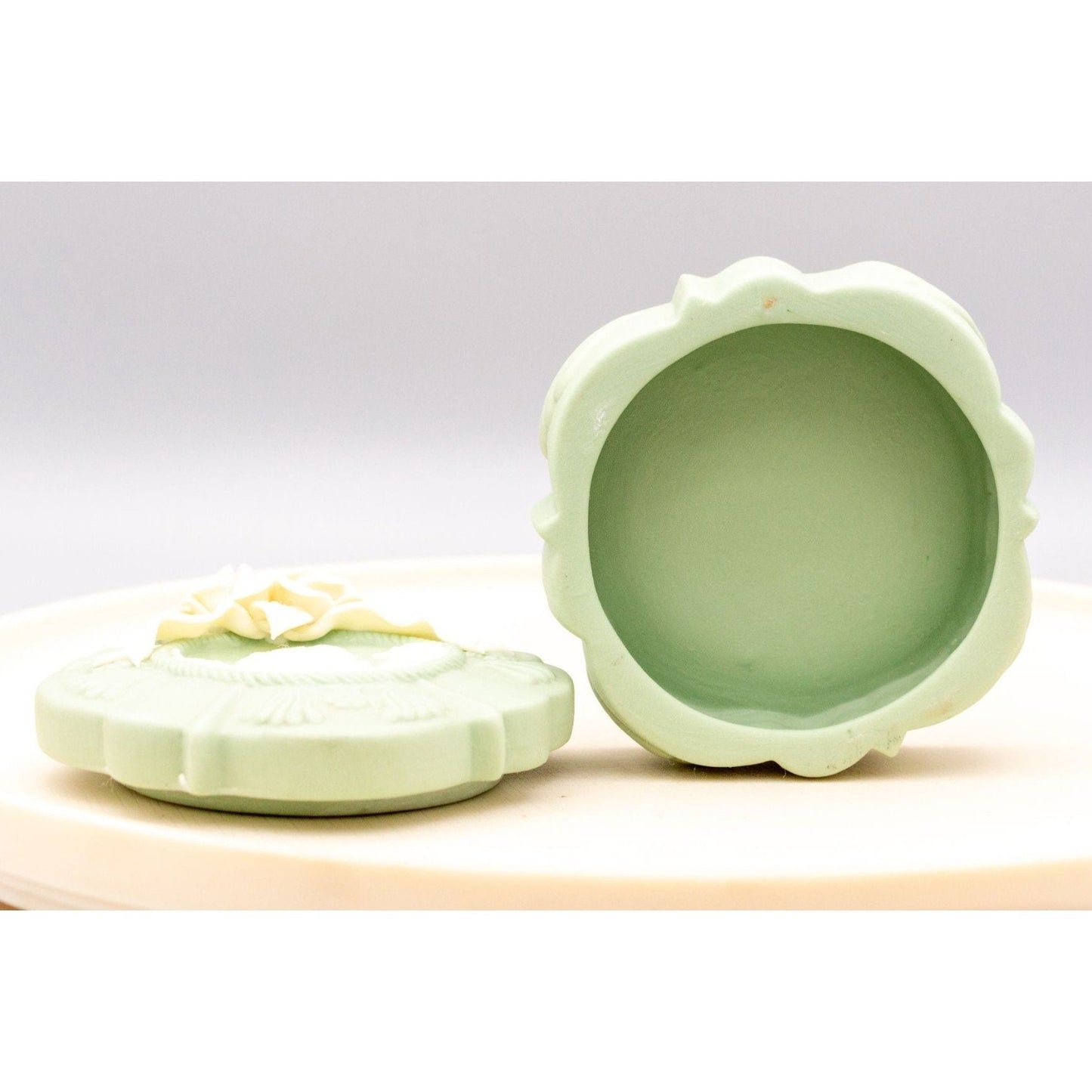 Vintage Wedgwood Style Green Trinket Box Applied Flowers