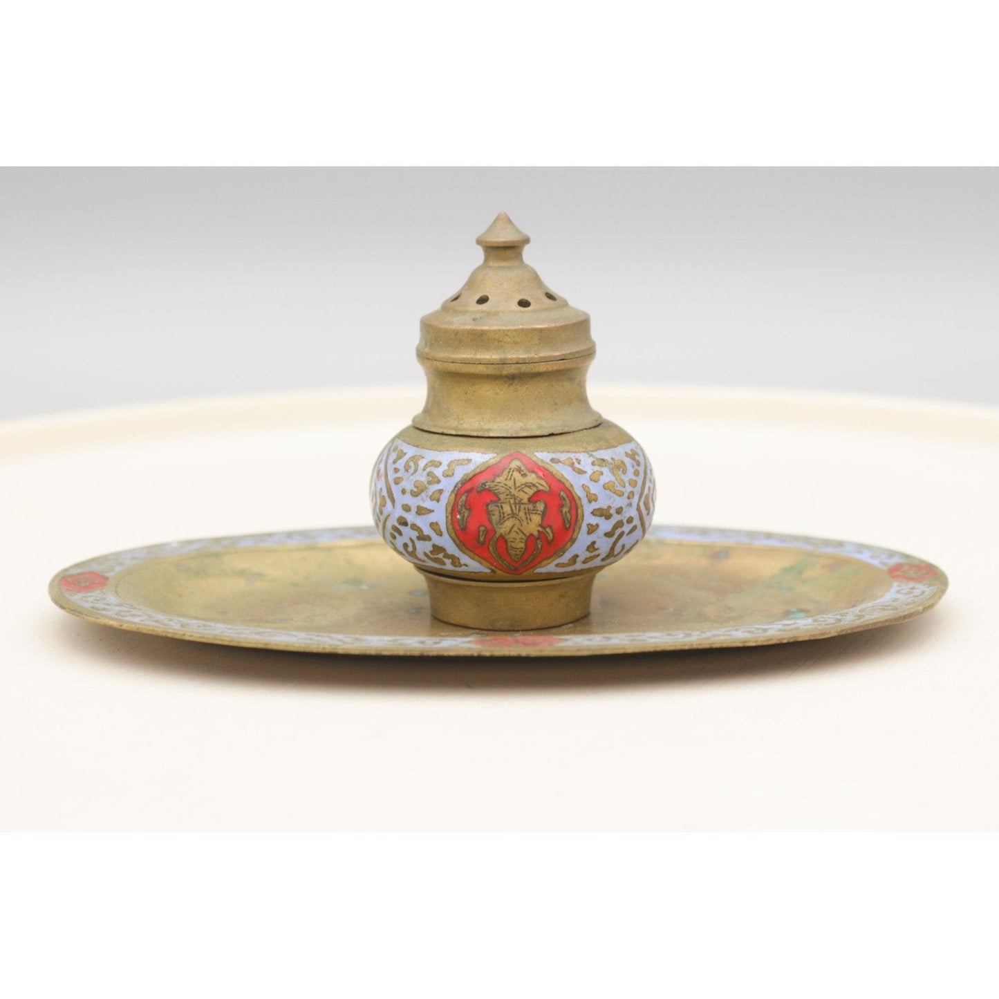 Vintage Painted Brass Made in India Hindu Deity Spice Shaker on Tray