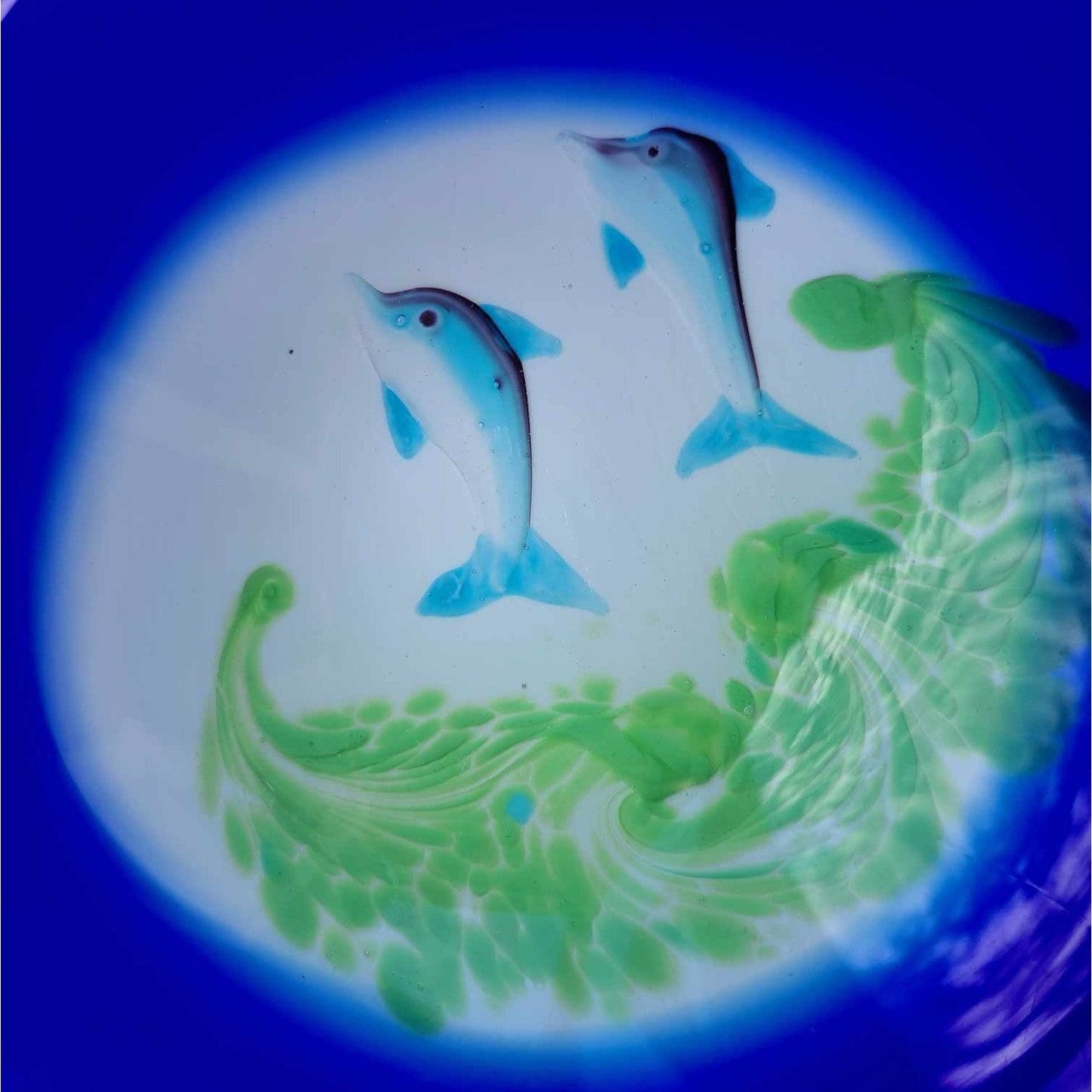 Vintage Large Art Glass Blown Glass Console Bowl Centerpiece Dolphin Motif Heavy
