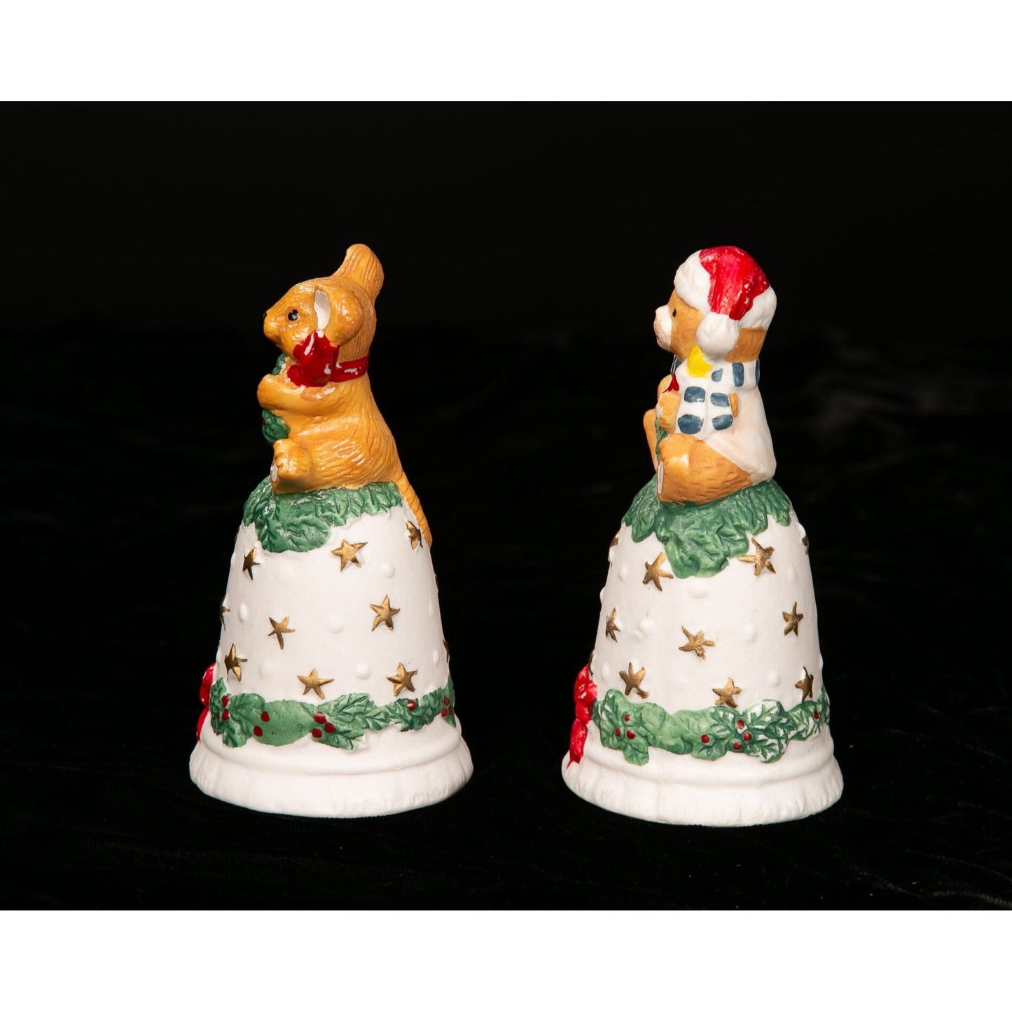 Vintage Christmas Bells Ceramic Mouse and Teddy Bear Set of 2