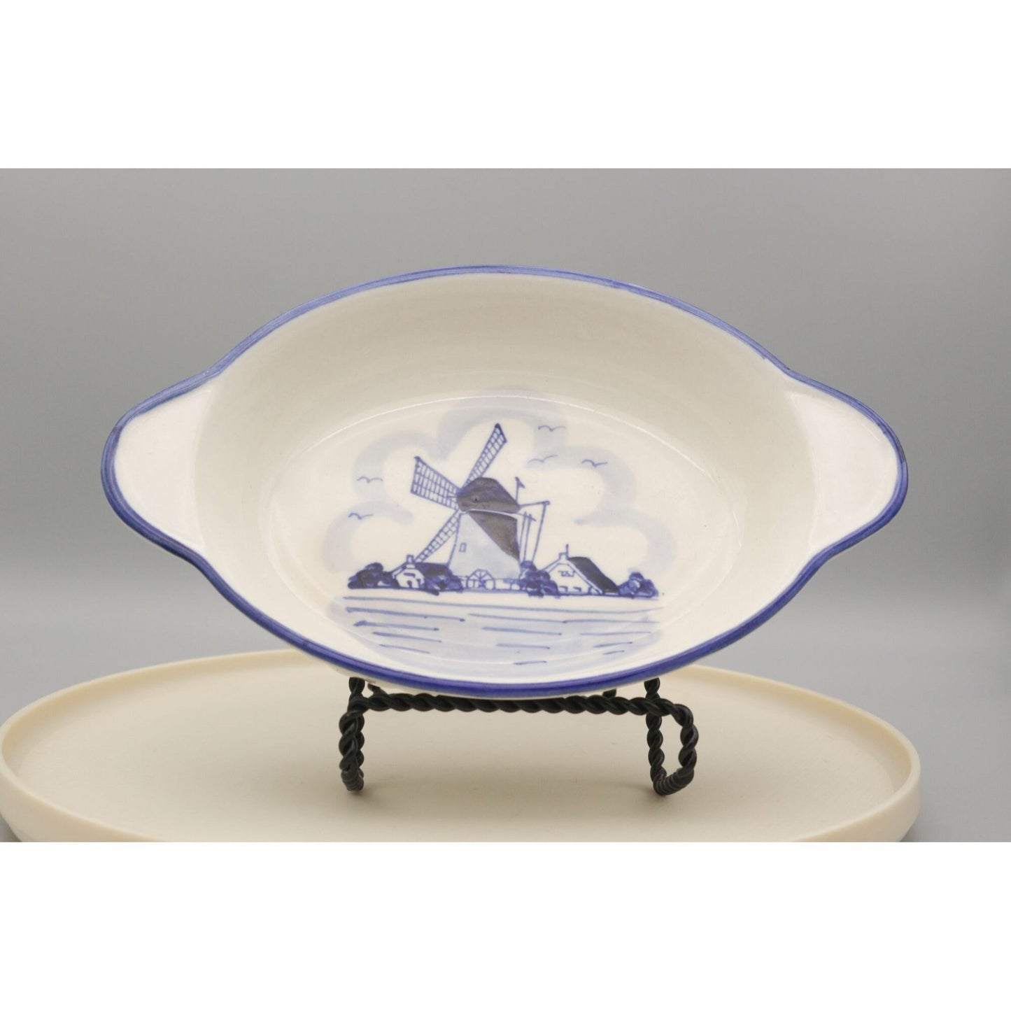 Vintage Blue Delft Style Holland Netherlands Windmill Single Casserole Dish