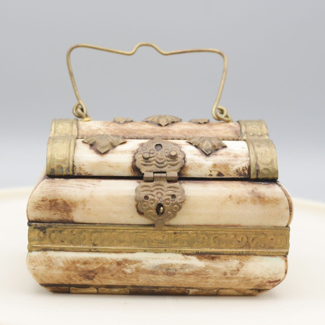 Vintage Handmade Camel Bone and Metal Decorative Trinket Box