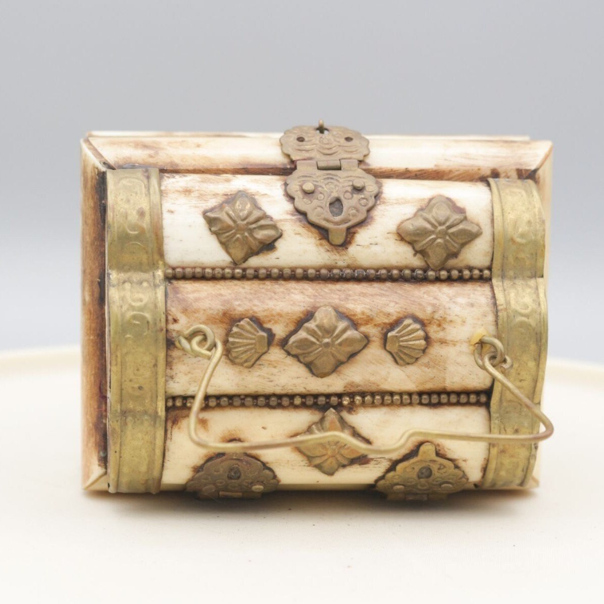 Vintage Handmade Camel Bone and Metal Decorative Trinket Box