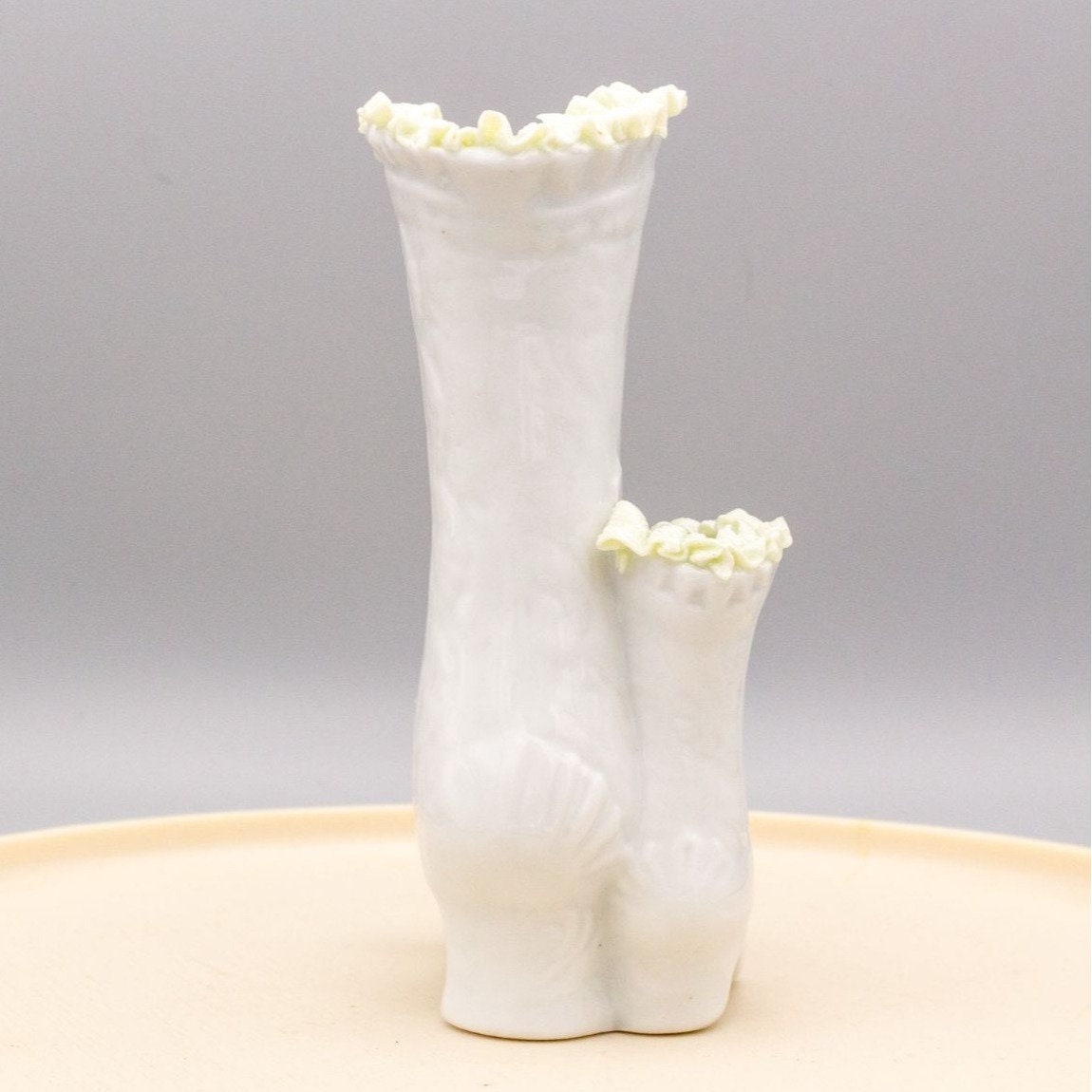 Vintage Porcelain Victorian Boots Vase Applied Flowers Birds