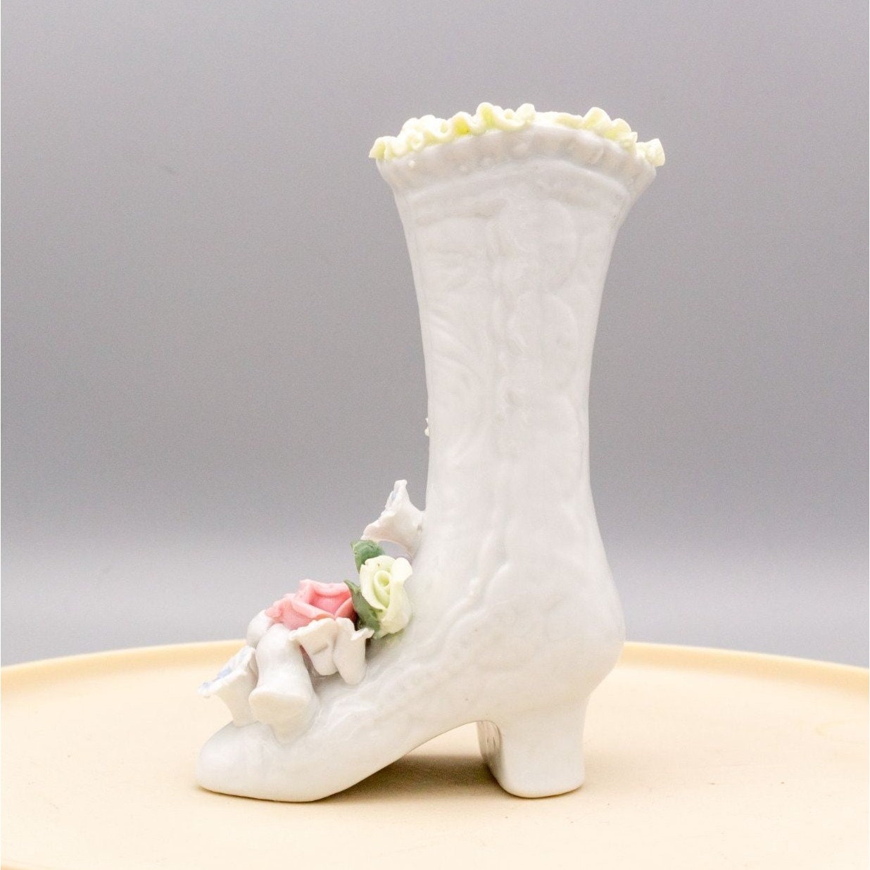 Vintage Porcelain Victorian Boots Vase Applied Flowers Birds