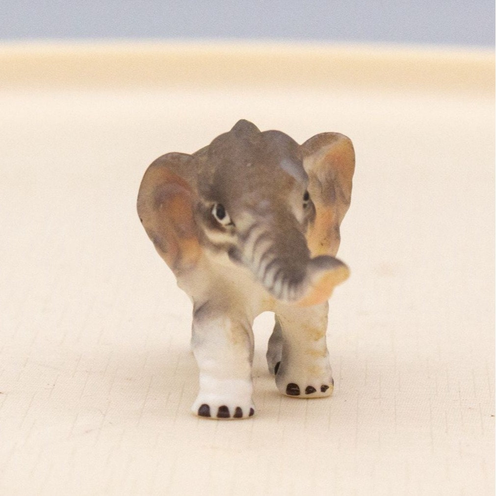 Vintage Miniature Elephant Figurine Bisque Porcelain Tiny 1 inch