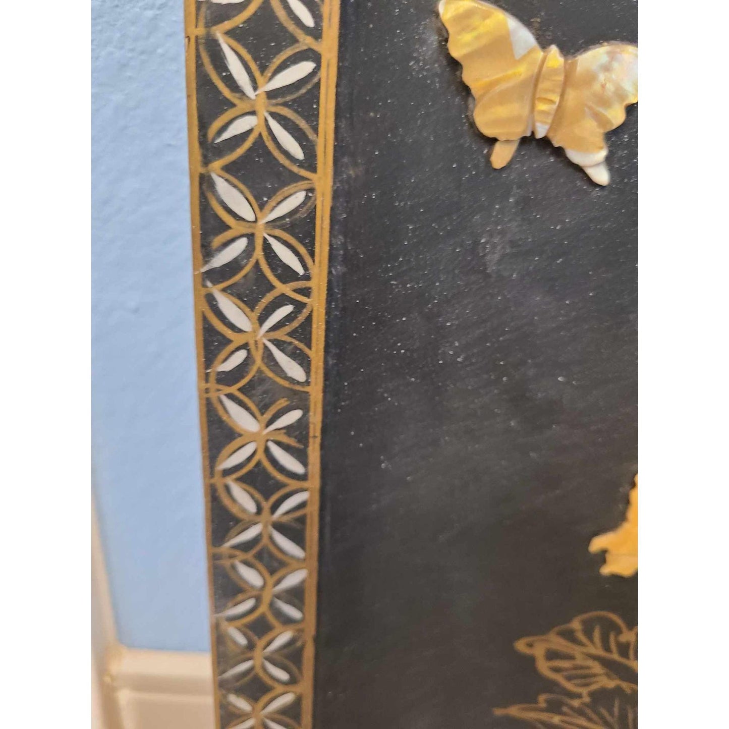 Vintage Japanese-Inspired Mother Of Pearl Wall Art With Wooden Background