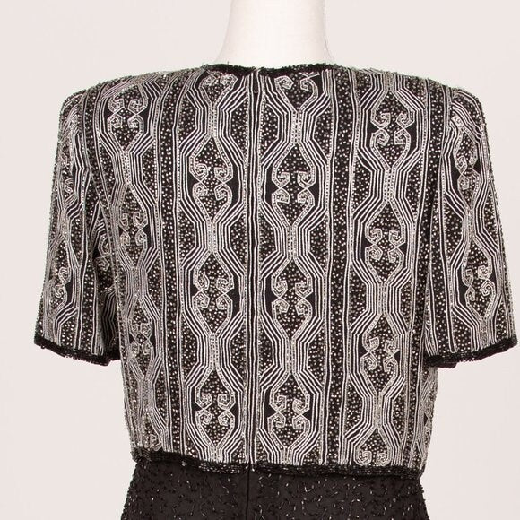 Vintage Laurence Kazar Black and White Beaded Gown Size Medium 1980s