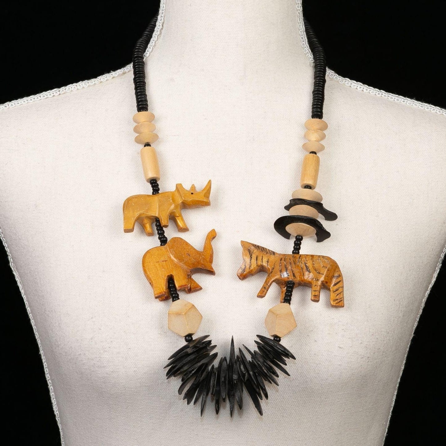 Vintage Kenyan African Animal Hand Carved Wooden Necklace