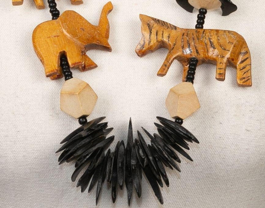 Vintage Kenyan African Animal Hand Carved Wooden Necklace