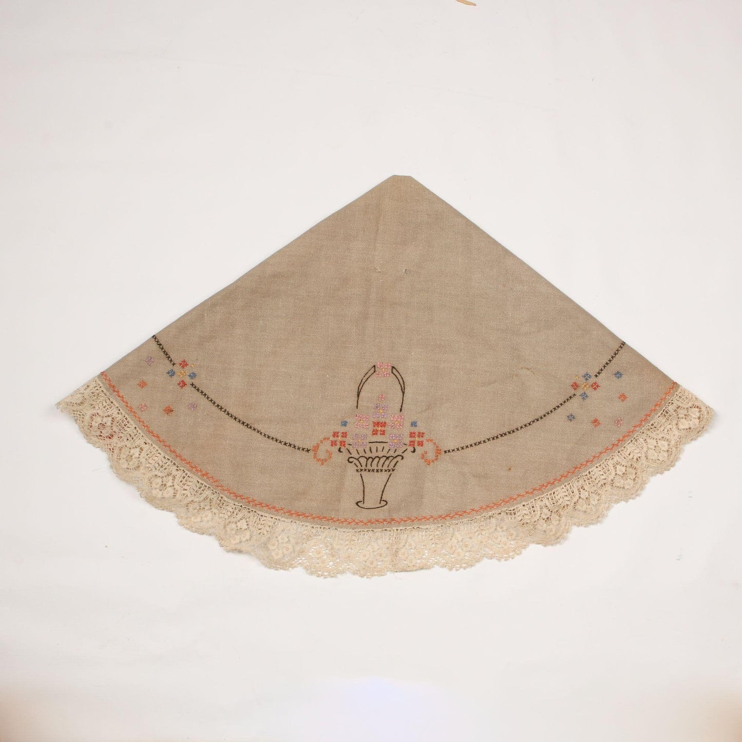 1930 Cross-stitched Tatted Lace Round Table Cover Vintage Linen