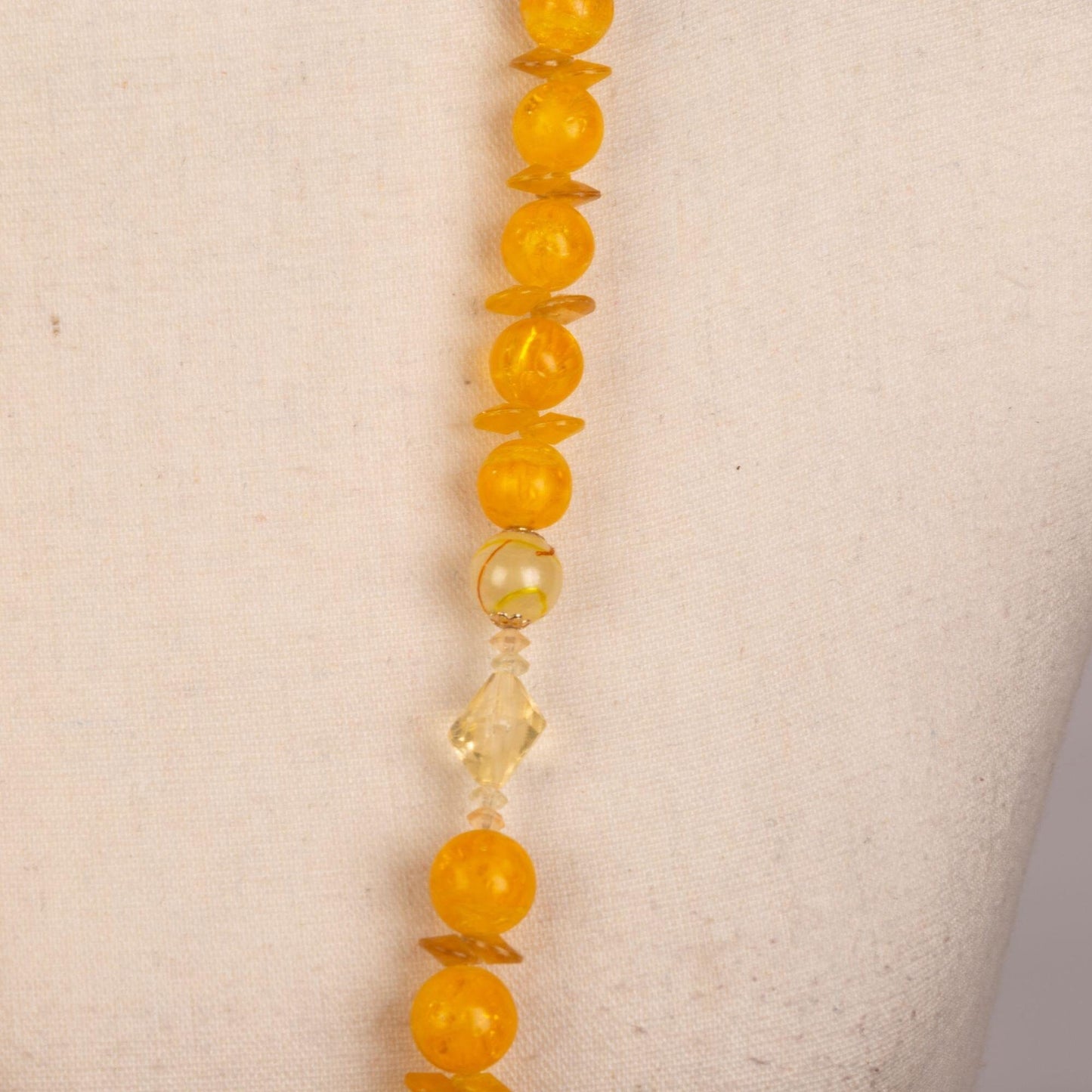 Vintage Yellow/Gold Lucite Beaded Necklace with Box Clasp Signed Hong Kong