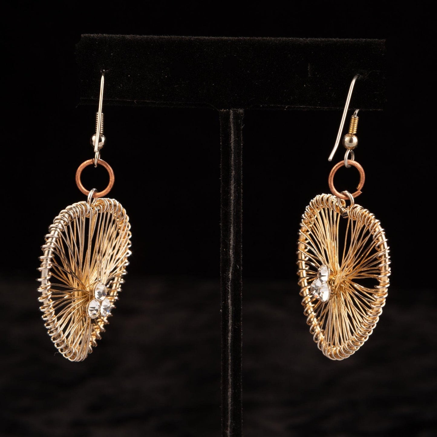 Vintage Wire Heart Rhinestone Dangle Earrings