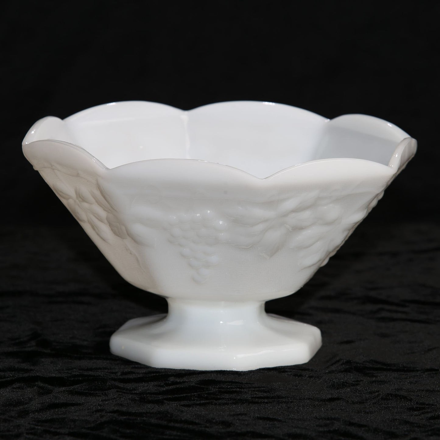 Vintage Anchor Hocking Milk Glass Pedestal Compote Grape Leaf Pattern
