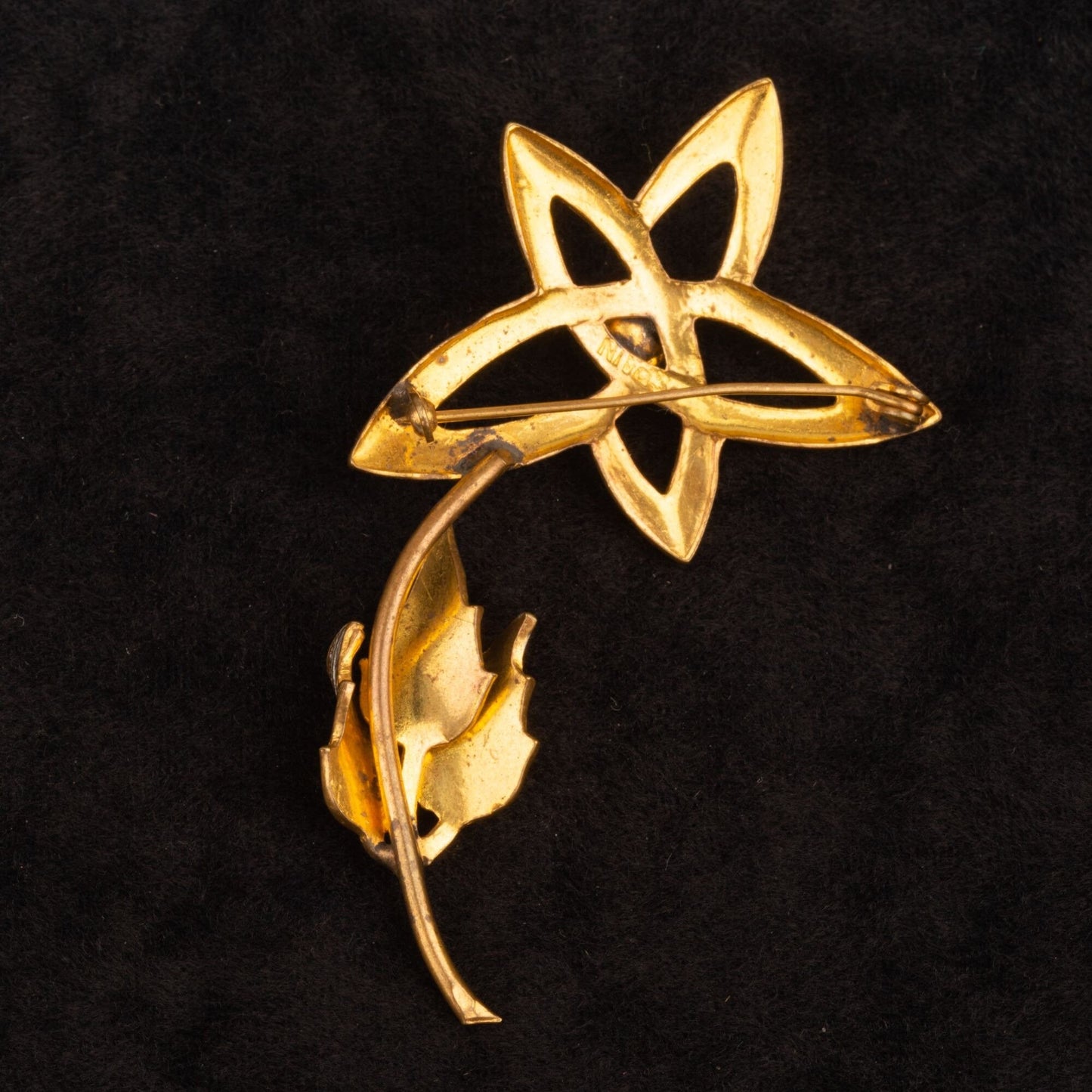 Vintage Spanish Damascene Faux Pearl Flower Gold Toned Brooch