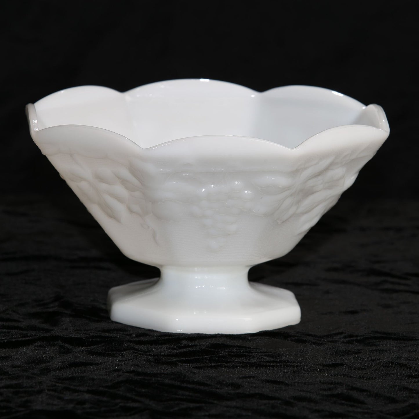 Vintage Anchor Hocking Milk Glass Pedestal Compote Grape Leaf Pattern