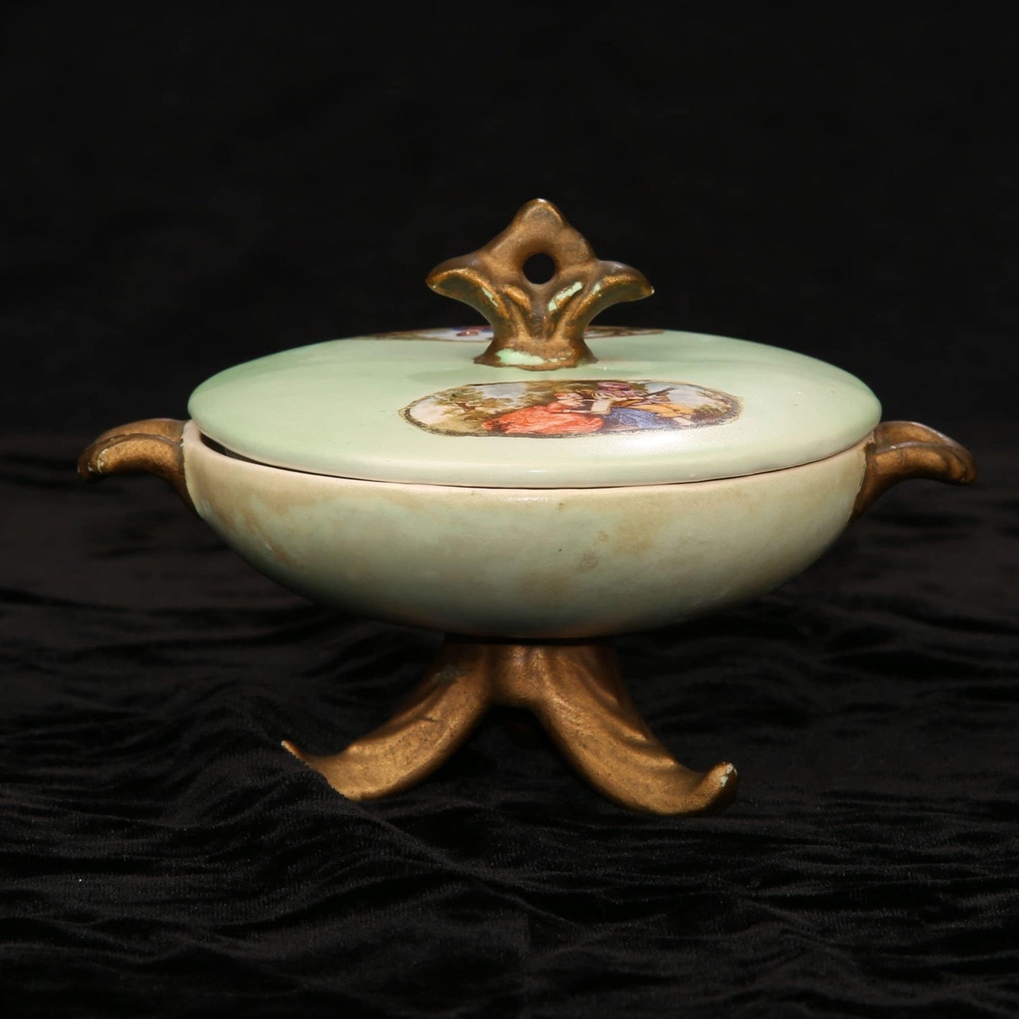 Antique Porcelain French Covered Bowl Transferware Courting Couple