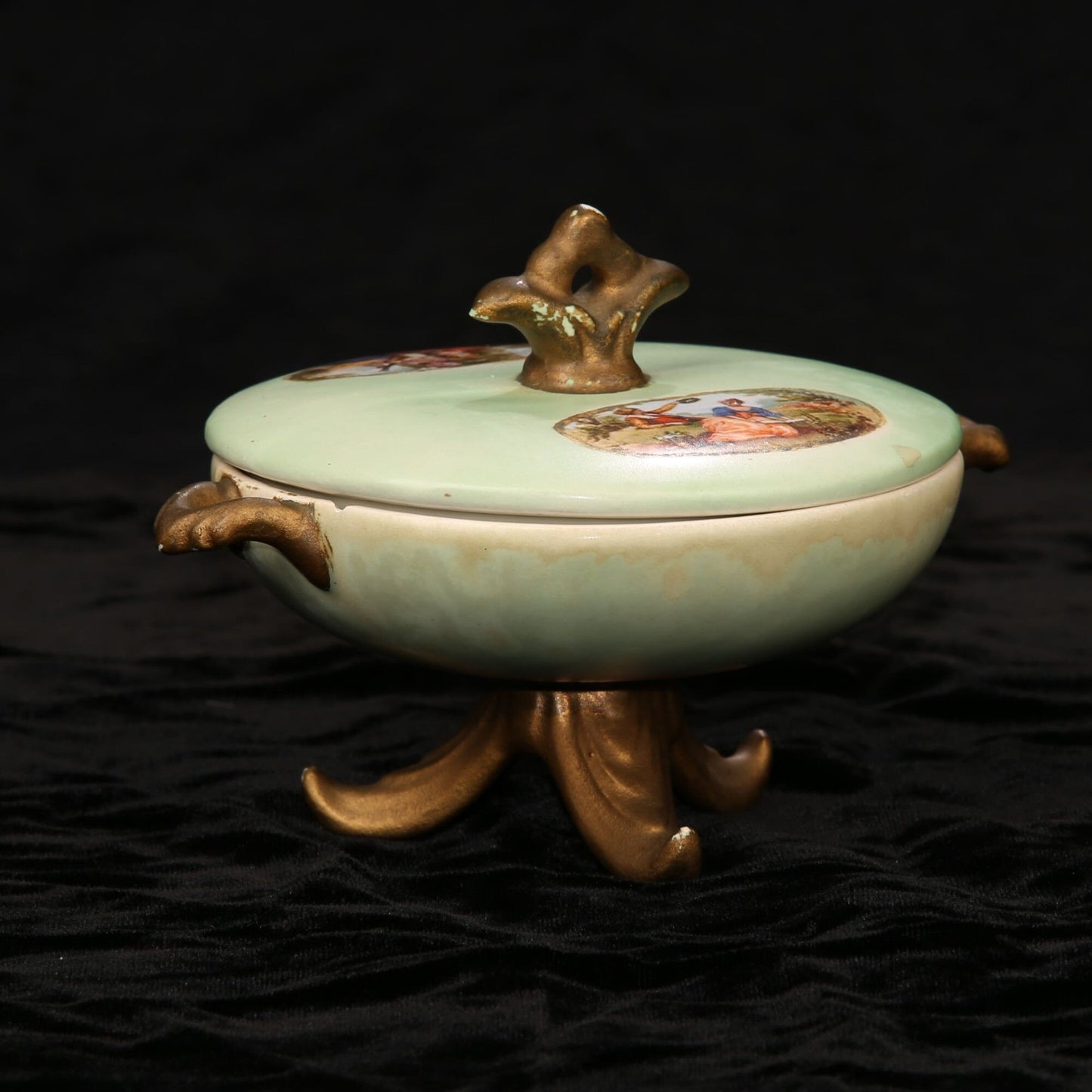 Antique Porcelain French Covered Bowl Transferware Courting Couple