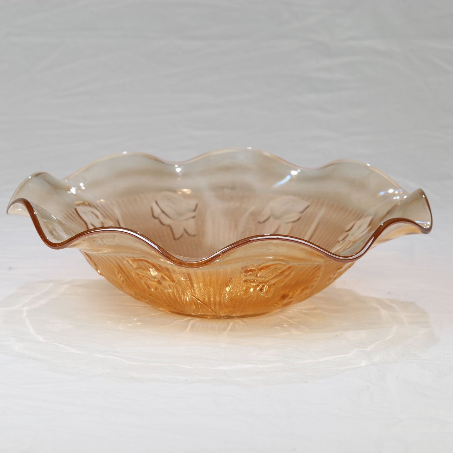 Vintage 1940s Jeanette Glass Marigold Iris and Herringbone Ruffled Edge Carnival Glass Bowl