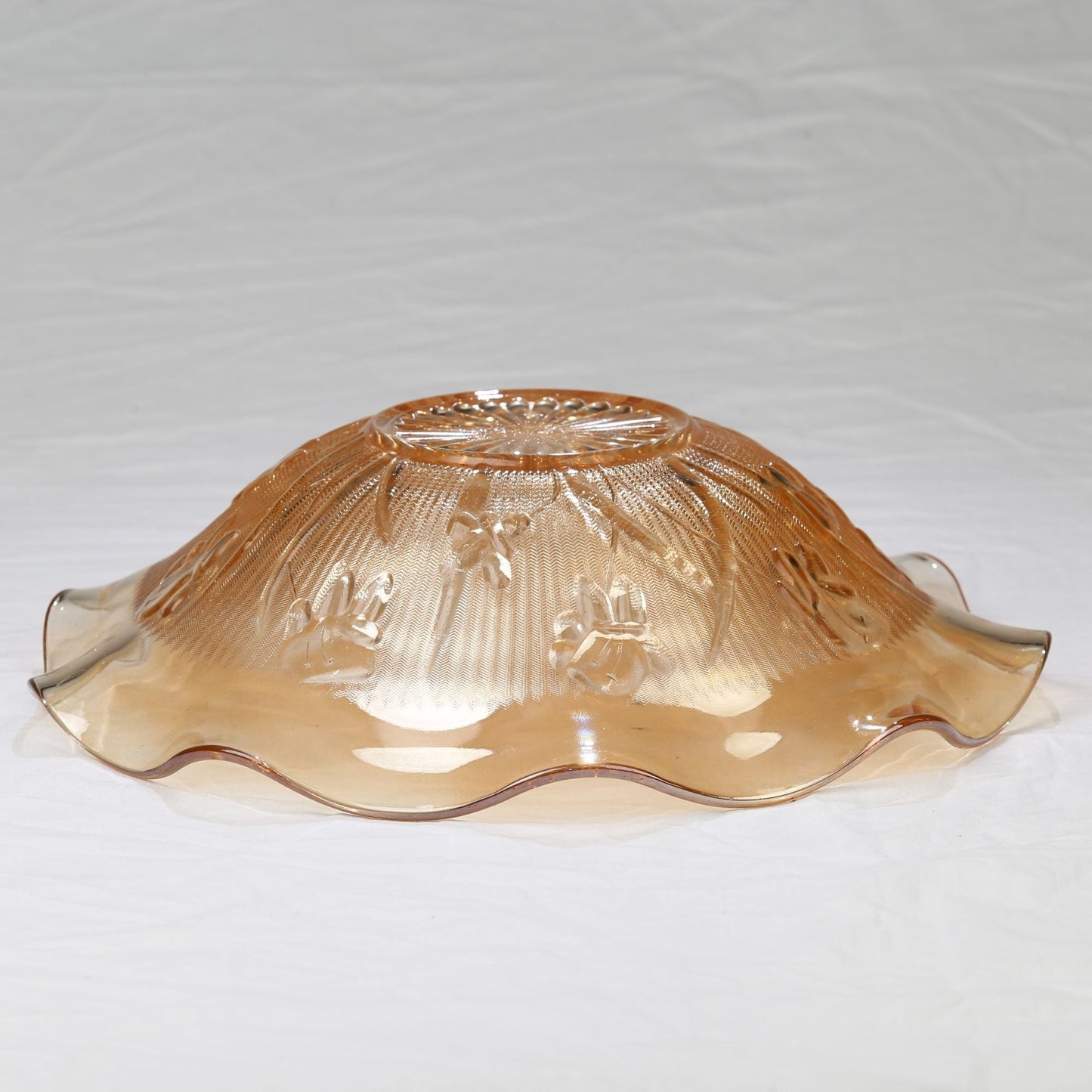Vintage 1940s Jeanette Glass Marigold Iris and Herringbone Ruffled Edge Carnival Glass Bowl