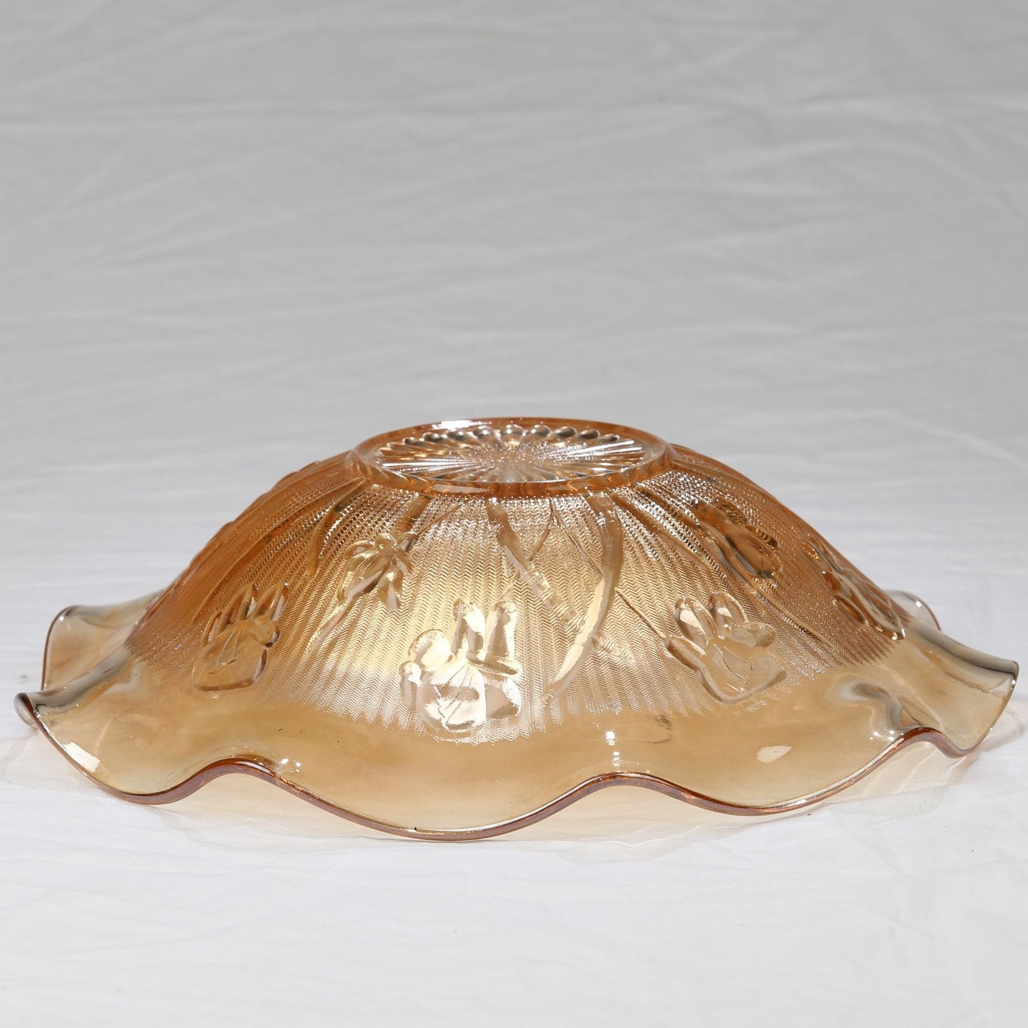 Vintage 1940s Jeanette Glass Marigold Iris and Herringbone Ruffled Edge Carnival Glass Bowl