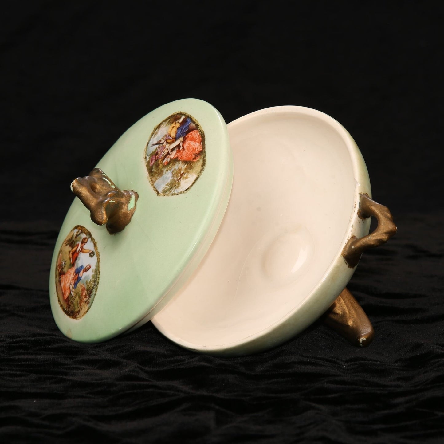 Antique Porcelain French Covered Bowl Transferware Courting Couple