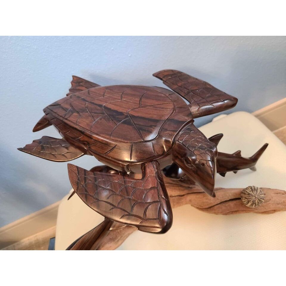 wooden sculpture "Belize" by R. Westby driftwood base seas tyrtle, shark, fish, dolphin