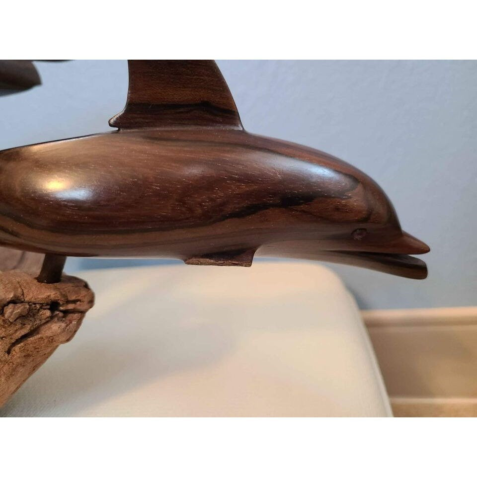 wooden sculpture "Belize" by R. Westby driftwood base seas tyrtle, shark, fish, dolphin