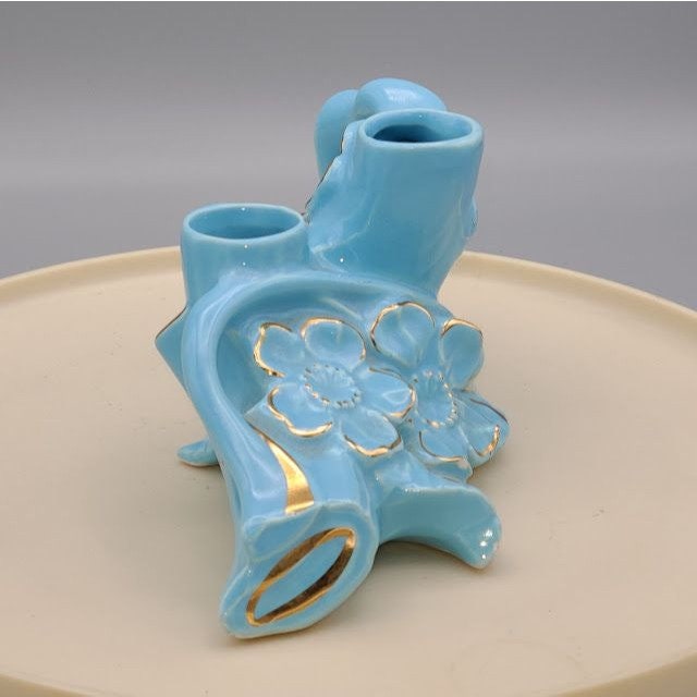 Vintage Pearl 24K Gold Painted Blue Floral Planter