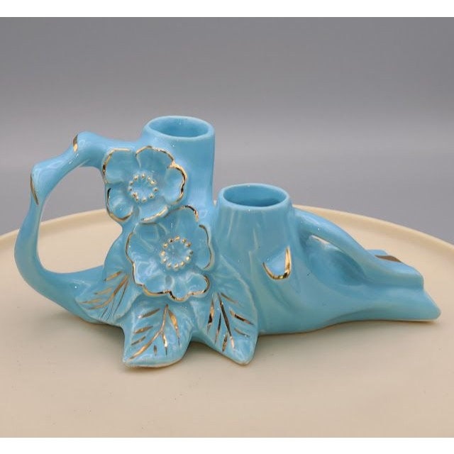 Vintage Pearl 24K Gold Painted Blue Floral Planter