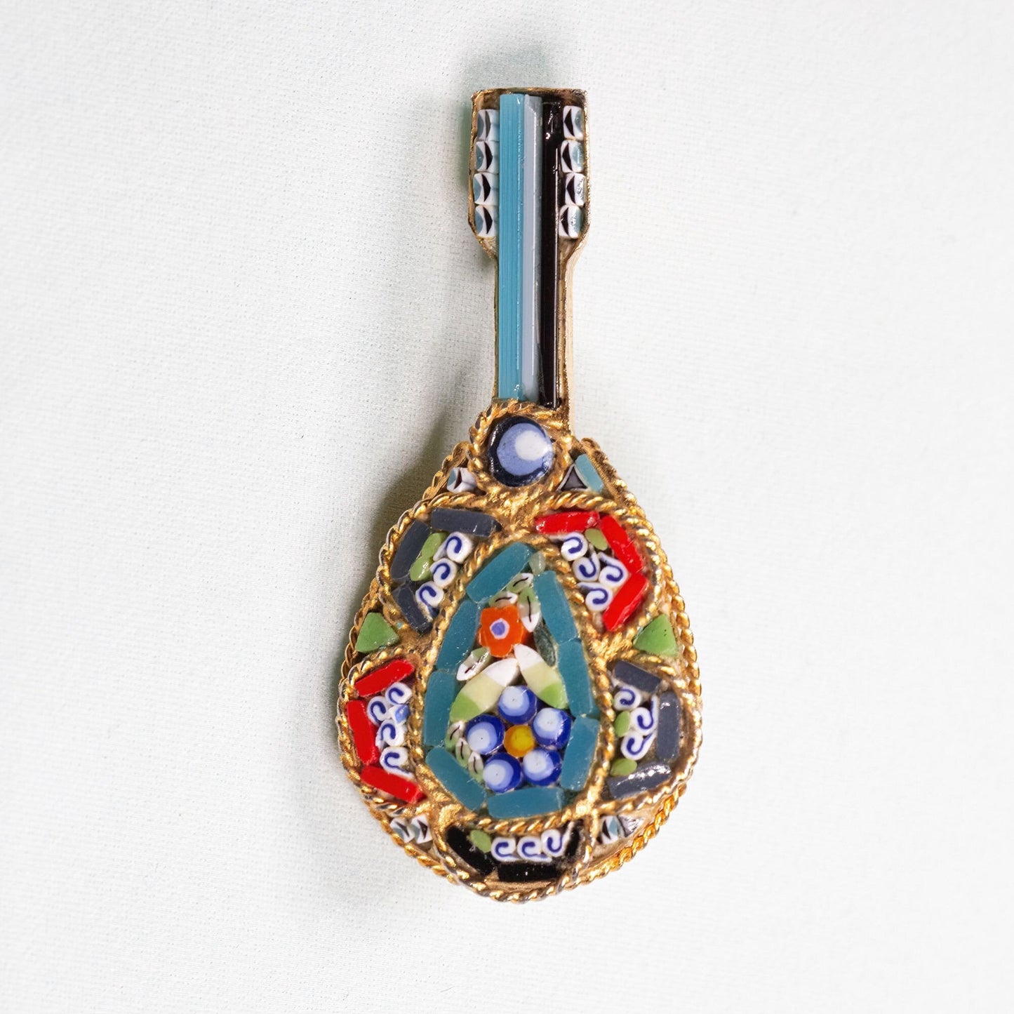 Vintage Italian Mini Mosaic Guitar Gold Toned Brooch Signed Micro Mosaic