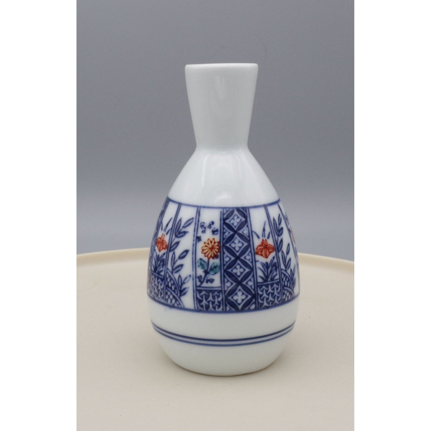 Vintage Japanese Hand Painted Ceramic Floral Sake Bottle or Bud Vase