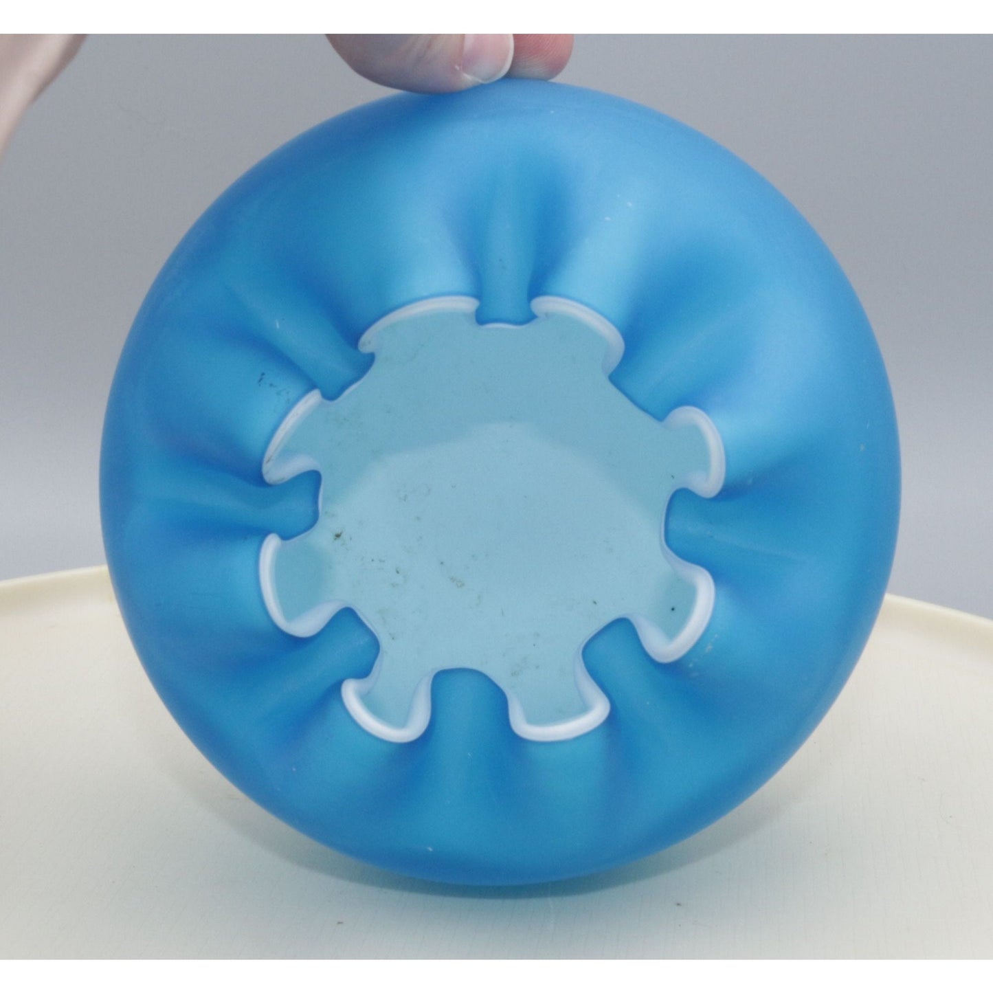 VIntage Blue Cased Satin Glass Ruffle Vase Bowl