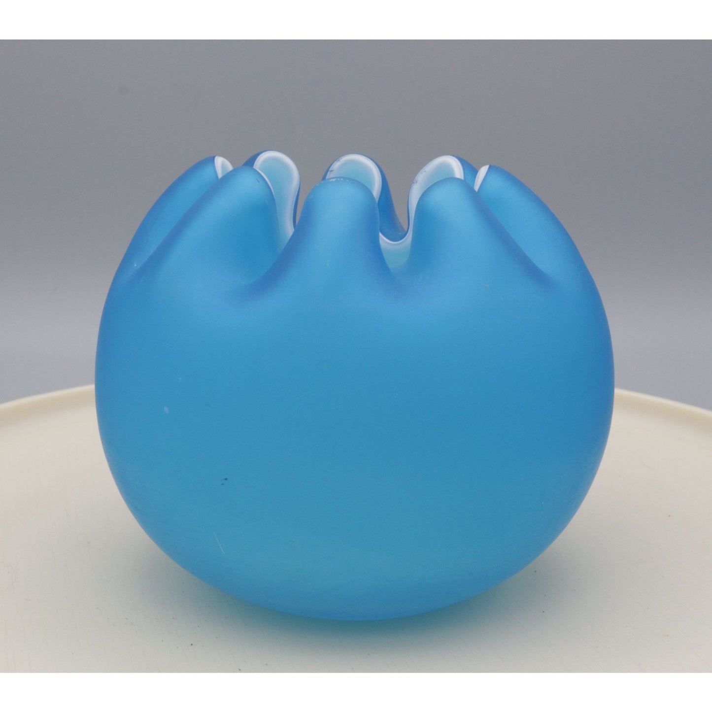 VIntage Blue Cased Satin Glass Ruffle Vase Bowl