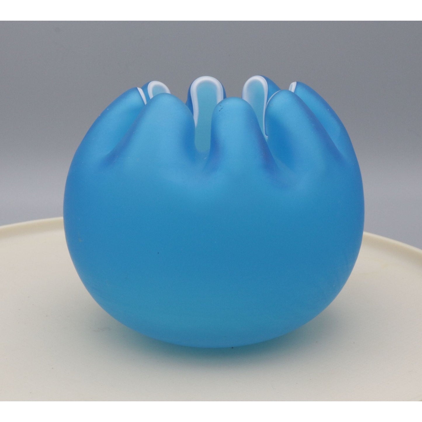 VIntage Blue Cased Satin Glass Ruffle Vase Bowl
