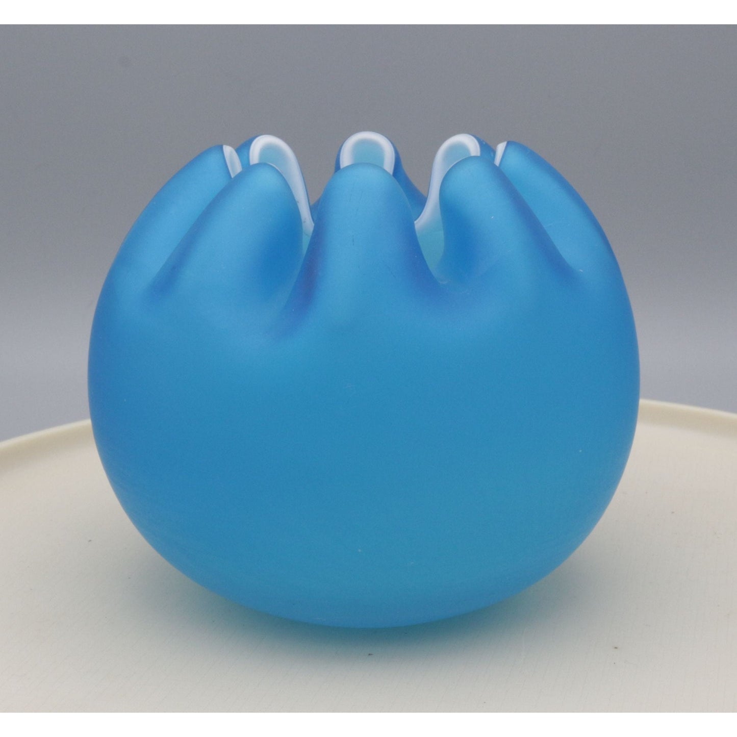 VIntage Blue Cased Satin Glass Ruffle Vase Bowl
