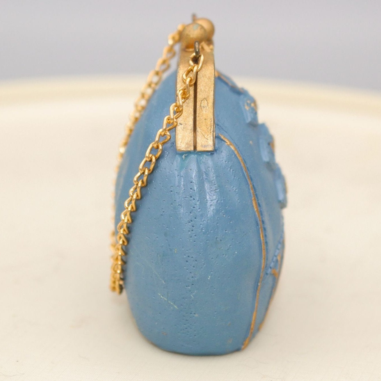 Vintage Miniature Handbag Figurine Blue and Gold Chain