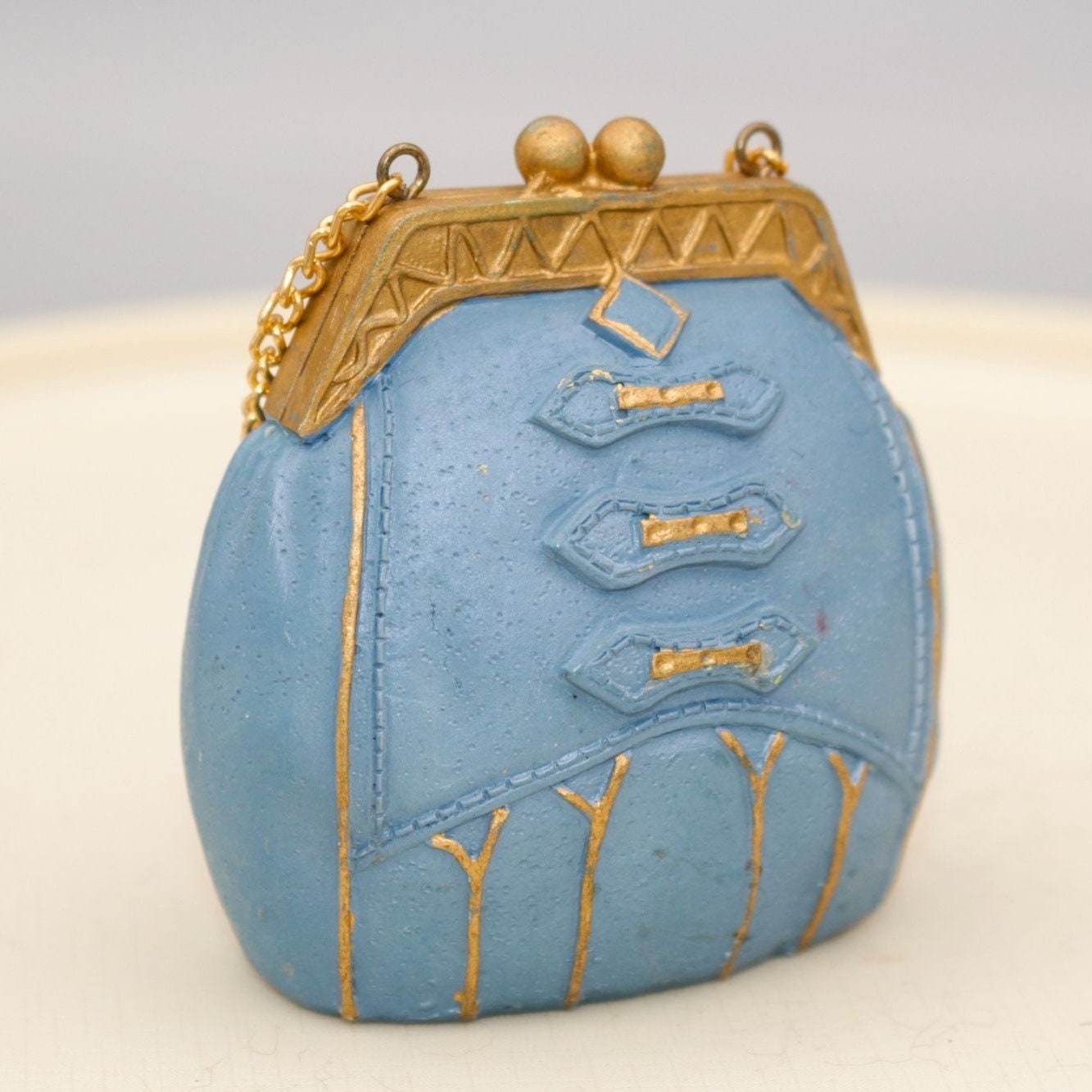 Vintage Miniature Handbag Figurine Blue and Gold Chain