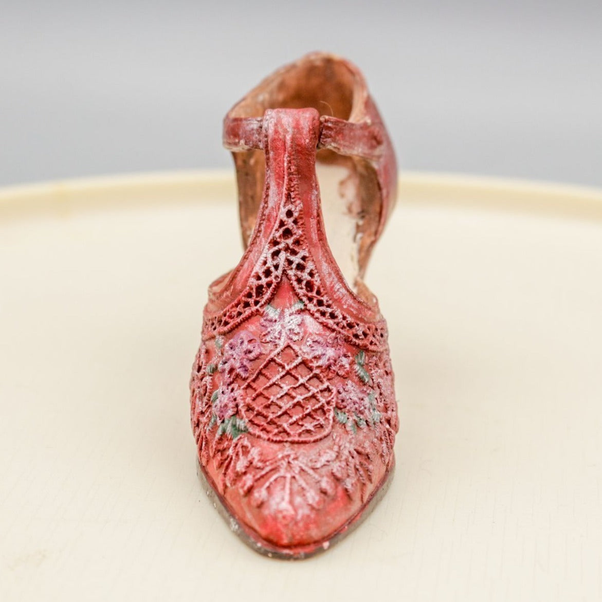 Miniature Shoe Figurine Red Lace Pattern Heel Hand Painted