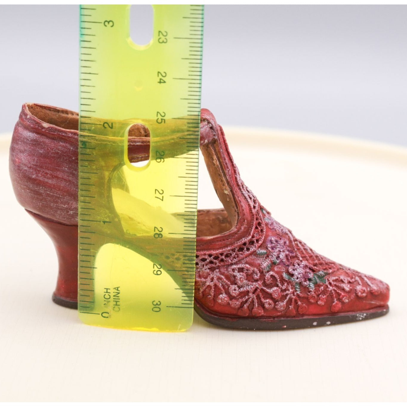 Miniature Shoe Figurine Red Lace Pattern Heel Hand Painted