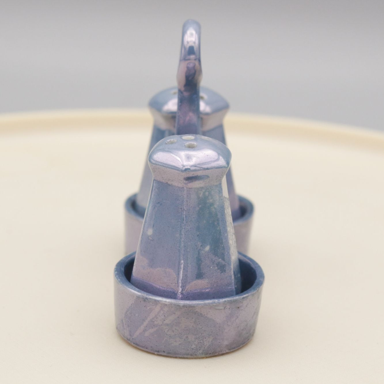Vintage Blue Lusterware Salt and Pepper Shaker in Caddy Made in Japan Miniature